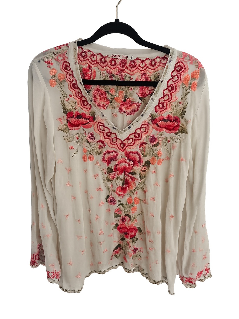 Johnny Was White Floral Embroidered V-Neck Womens Top- Medium